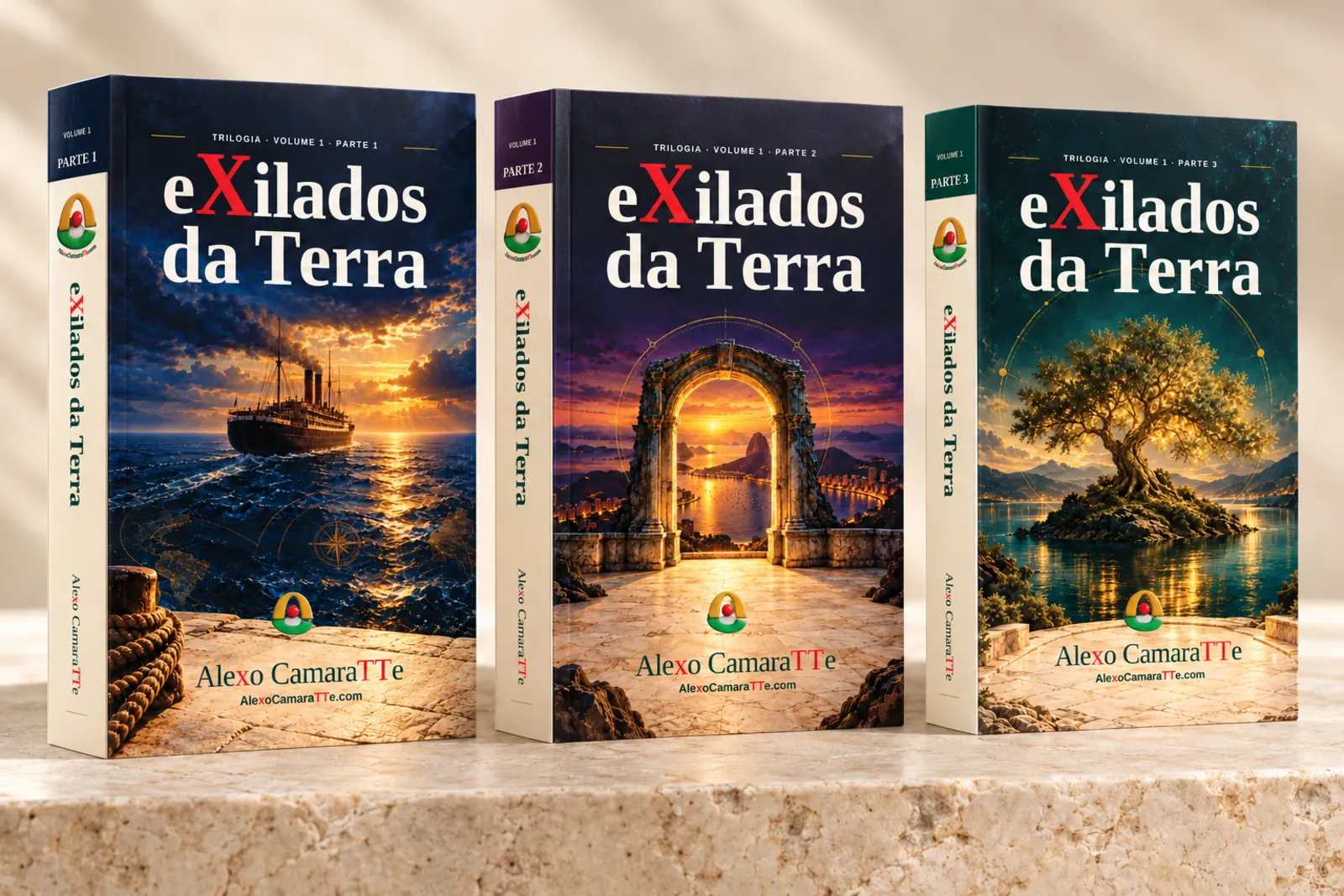 Os três livros do volume 1 de eXilados da Terra lado a lado: um navio a vapor ao pôr do sol, um arco de pedra diante do Rio de Janeiro e uma oliveira numa ilha.