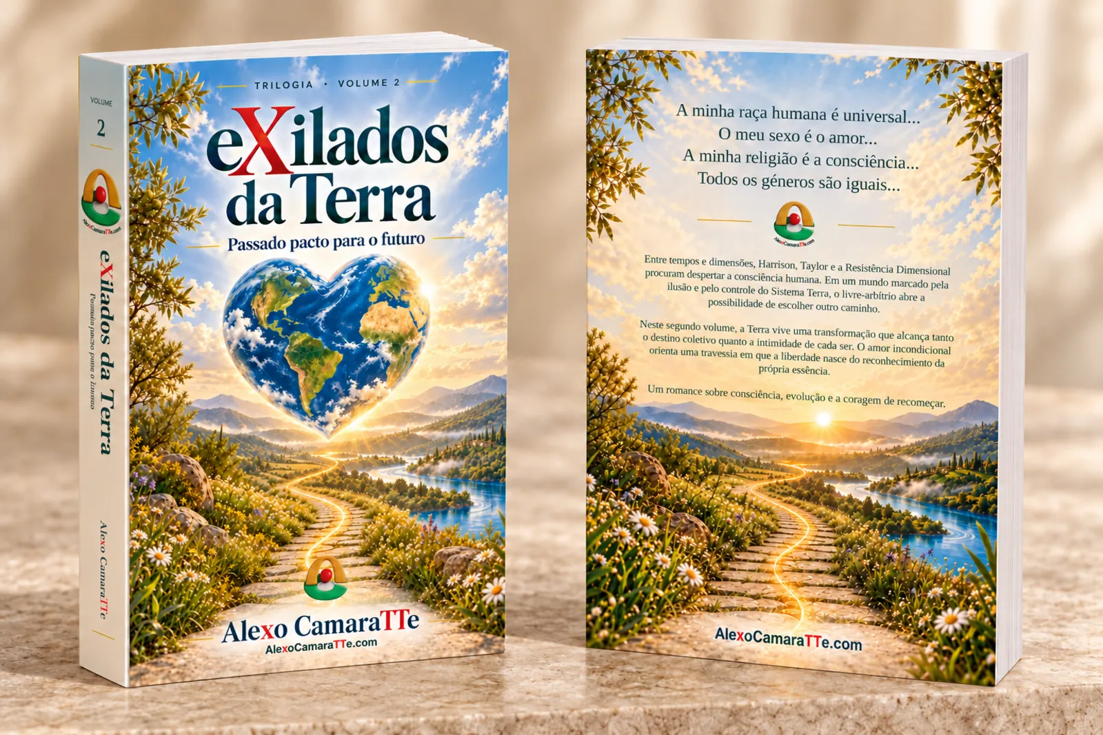 Frente e contracapa de eXilados da Terra, volume 2: um coração em forma de planeta Terra sobre um caminho entre flores.
